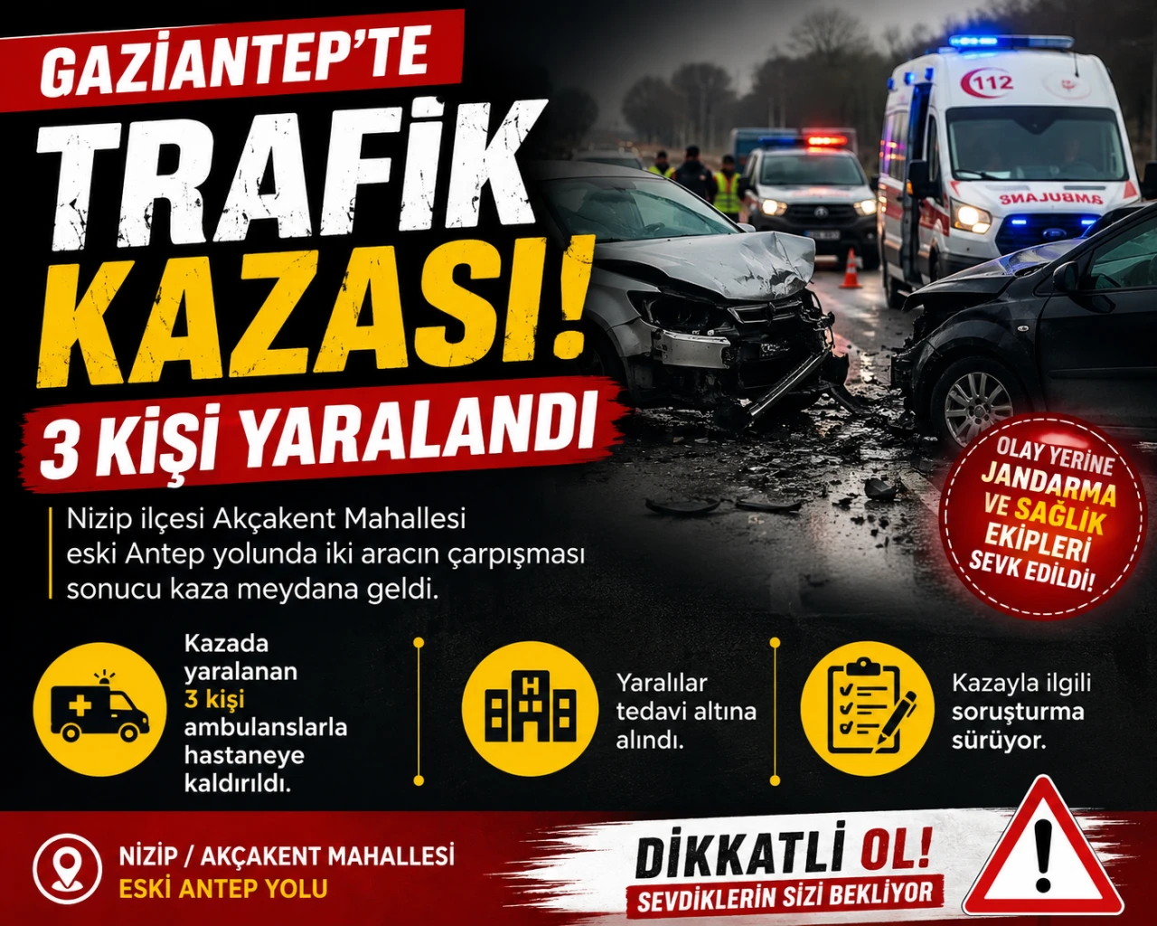 Gaziantep&rsquo;te Trafik Kazası: 3 Kişi Yaralandı