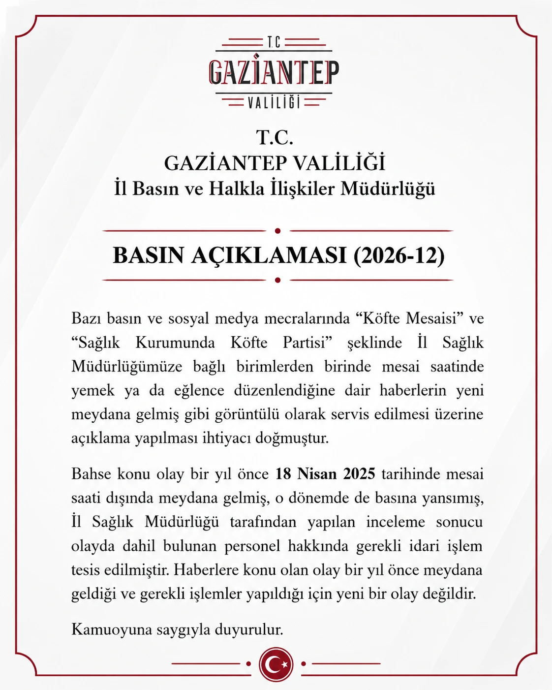Gaziantep Valiliği&rsquo;nden &ldquo;K&ouml;fte Mesaisi&rdquo; iddialarına a&ccedil;ıklama