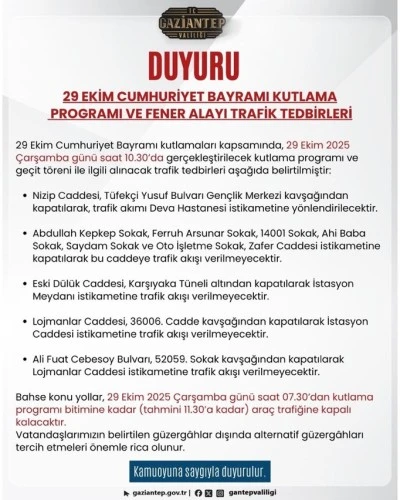 29 Ekim Cumhuriyet Bayramı Kutlamaları İçin Trafik Düzenlemesi