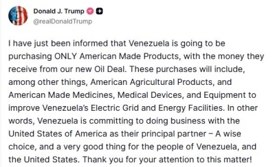 ABD Başkan Trump: "Venezuela, petrol anlaşmasından elde edeceği gelirle yalnızca ABD yapımı &uuml;r&uuml;nleri satın alacak"
