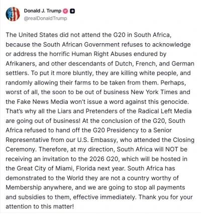 ABD Başkanı Donald Trump: &quot;Güney Afrika Miami’de yapılacak 2026 G20 Zirvesi’ne davet edilmeyecek&quot;
