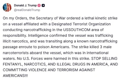 ABD Başkanı Trump: &quot;Uyuşturucu taşıyan bir tekneye saldırı düzenleyerek 3 narko-teröristi öldürdük&quot;
