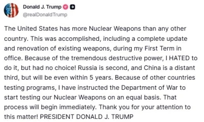 ABD Başkanı Trump’tan Çin Devlet Başkanı Xi görüşmesi öncesinde ABD Savunma Bakanlığı’na nükleer silah denemesi talimatı
