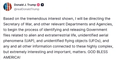 ABD Başkanı Trump&rsquo;tan UFO hamlesi: "İlgili belgelerin erişime a&ccedil;ılma s&uuml;recini başlatma talimatı vereceğim"
