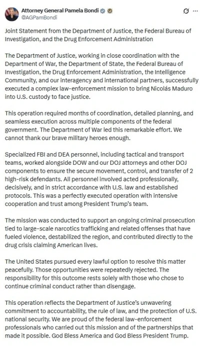 ABD&rsquo;den Maduro operasyonu a&ccedil;ıklaması: "Sonucun sorumluluğu su&ccedil; faaliyetlerini s&uuml;rd&uuml;rmeyi tercih edenlere aittir"
