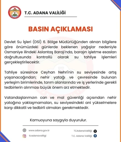Adana Valiliğinden taşkın uyarısı
