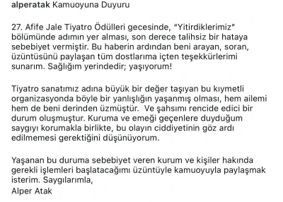Afife Jale Tiyatro Ödülleri’nde akılalmaz hata: Oyuncu Alper Atak hayatını kaybedenler arasında anıldı
