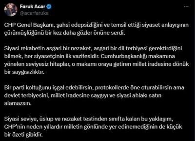 AK Parti Genel Başkan Yardımcısı Acar: &quot;CHP Genel Başkanı, şahsi edepsizliğini bir kez daha gözler önüne serdi&quot;

