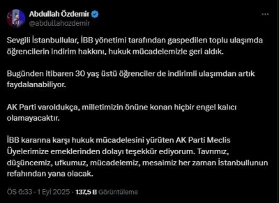 AK Parti İstanbul İl Başkanı Özdemir’den müjde: &quot;30 yaş üstü öğrenciler indirimli ulaşımdan faydalanacak&quot;
