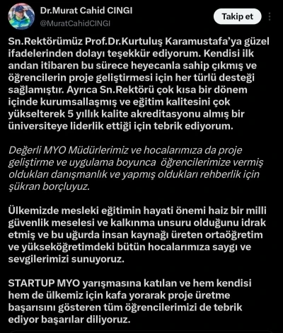 AK Partili Cıngı&rsquo;dan KAY&Uuml; y&ouml;netimi ve &ouml;ğrencilerine Start-Up teşekk&uuml;r&uuml;
