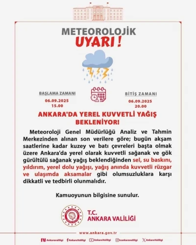 Ankara Valiliği kuvvetli yağışa karşı uyardı

