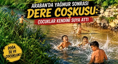 Araban&rsquo;da Yağmur Sonrası Dere Coşkusu: &Ccedil;ocuklar Kendini Suya Attı