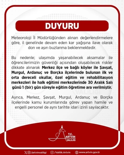 Artvin merkez ve 4 il&ccedil;ede kar nedeniyle eğitime 1 g&uuml;n ara verildi
