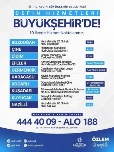Aydın B&uuml;y&uuml;kşehir, 10 il&ccedil;ede defin hizmetlerini y&uuml;r&uuml;tecek
