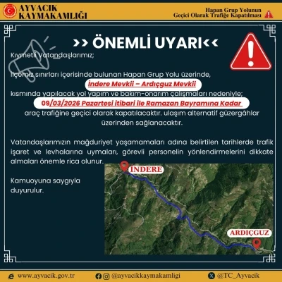 Ayvacık Kaymakamlığı: "Hapan grup yolu bayrama kadar kapalı"
