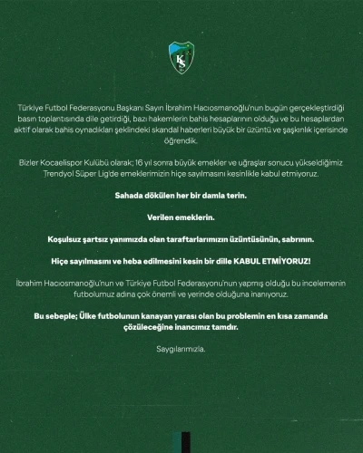 Bahis tartışmalarına Kocaelispor da dahil oldu
