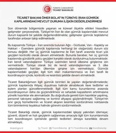 Bakan Bolat: "İran ile olan g&uuml;mr&uuml;k kapılarındaki mevcut durum anbean takip edilmektedir"
