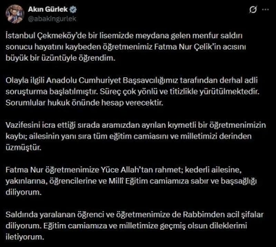 Bakan G&uuml;rlek: "(&Ouml;ğretmen Fatma Nur &Ccedil;elik) Olayla ilgili derhal adli soruşturma başlatılmıştır"
