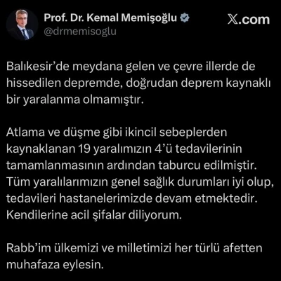 Bakan Memişoğlu: &quot;Depremde, doğrudan deprem kaynaklı bir yaralanma olmamıştır&quot;
