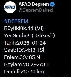 Balıkesir&rsquo;de 4.1 b&uuml;y&uuml;kl&uuml;ğ&uuml;nde deprem
