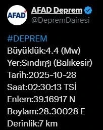 Balıkesir’de 4.4 büyüklüğünde deprem
