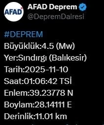 Balıkesir’de 4.5 büyüklüğünde deprem
