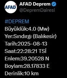 Balıkesir’de 4 büyüklüğünde deprem
