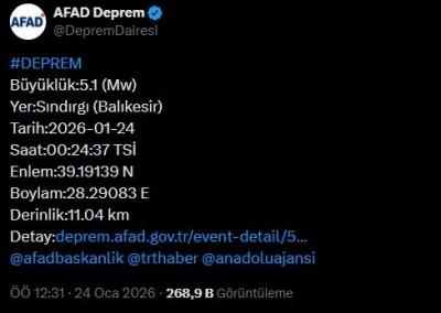 Balıkesir&rsquo;de 5.1 b&uuml;y&uuml;kl&uuml;ğ&uuml;nde deprem
