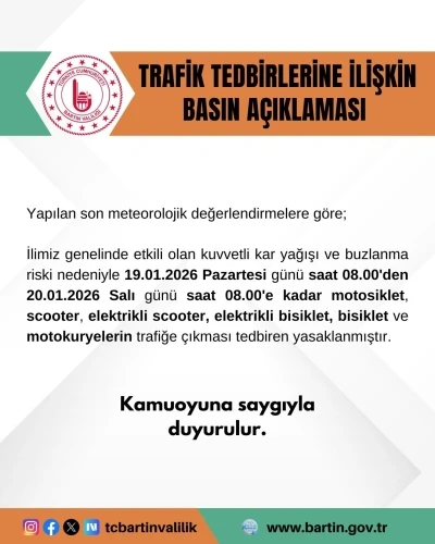 Bartın&rsquo;da motosiklet, scooter ve bisikletlerin trafiğe &ccedil;ıkması yasaklandı
