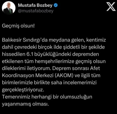 Başkan Bozbey’den deprem mesajı: &quot;Temennimiz, herhangi bir olumsuzluğun yaşanmamış olması&quot;
