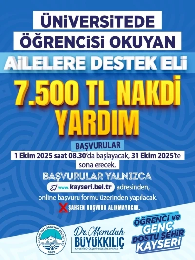 Başkan Büyükkılıç’tan eğitime destek: 7 bin 500 TL nakdi yardım
