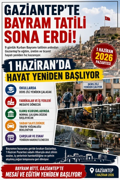 Bayram Tatili Bitiyor, Gaziantep&rsquo;te Hayat Yeniden Hızlanıyor: Okullar A&ccedil;ılıyor, Mesailer Başlıyor, Şehir Normal D&uuml;zenine D&ouml;n&uuml;yor
