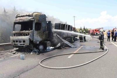 Beyaz eşya y&uuml;kl&uuml; tırda &ccedil;ıkan yangın tahıl tarlalarına sı&ccedil;radı
