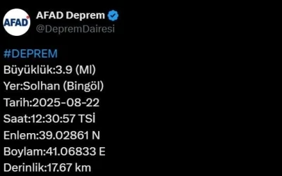Bingöl’de 3.9 büyüklüğünde deprem
