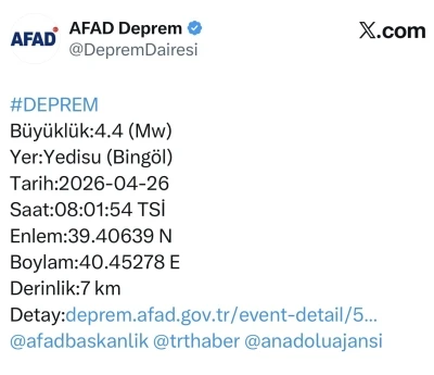 Bing&ouml;l&rsquo;de 4.4 b&uuml;y&uuml;kl&uuml;ğ&uuml;nde deprem
