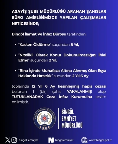 Bing&ouml;l&rsquo;de hapis cezası bulunan şahıs yakalandı
