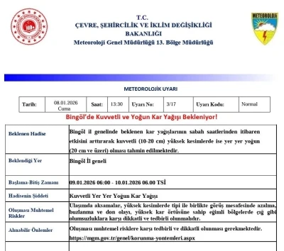 Bing&ouml;l i&ccedil;in kuvvetli ve yoğun kar uyarısı
