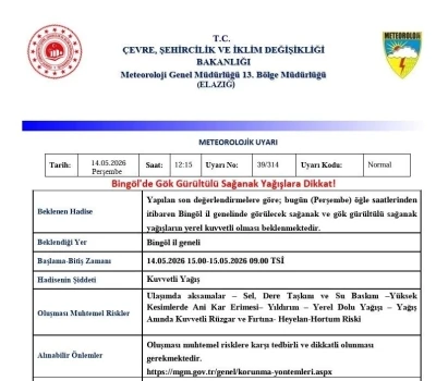 Bing&ouml;l i&ccedil;in sağanak yağış uyarısı
