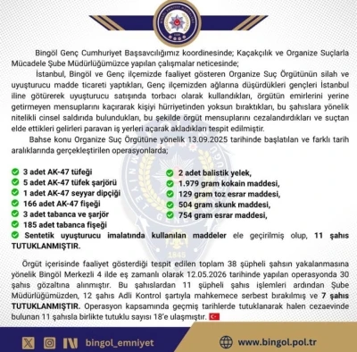 Bing&ouml;l merkezli organize su&ccedil; &ouml;rg&uuml;t&uuml; operasyonunda 18 tutuklama
