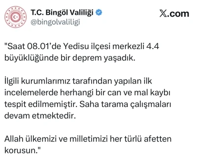 Bing&ouml;l Valiliği: "Saha tarama &ccedil;alışmaları devam etmektedir"
