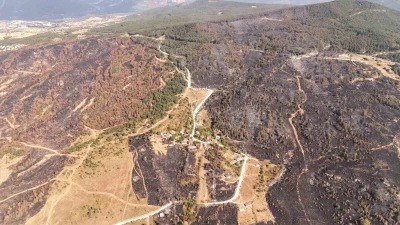 Bir ayda iki kez yangının arasında kalan köy dronla görüntülendi
