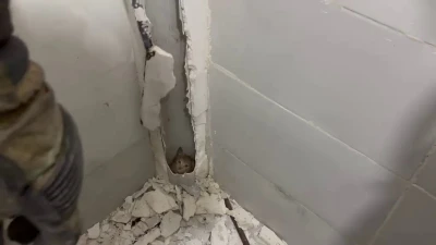 Boruda mahsur kalan kedi duvar kırılarak kurtarıldı
