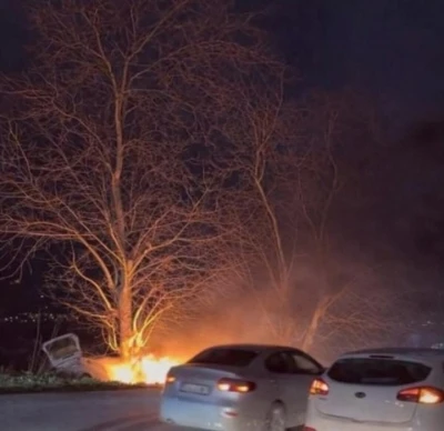 Bursa&rsquo;da kontrolden &ccedil;ıkan otomobil &ouml;nce ağaca &ccedil;arptı sonra alev aldı
