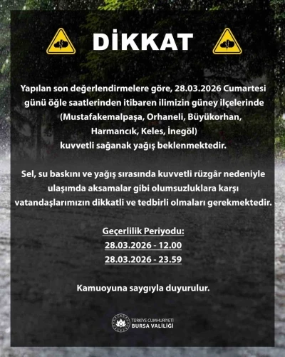 Bursa i&ccedil;in sarı alarm: Kuvvetli yağış kapıda
