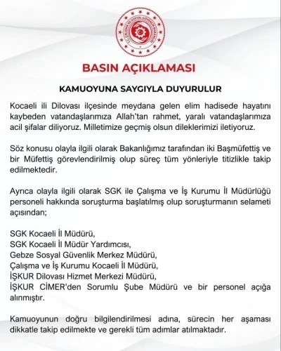Çalışma ve Sosyal Güvenlik Bakanlığı Kocaeli’ndeki yangına ilişkin 7 kişiyi açığa aldı
