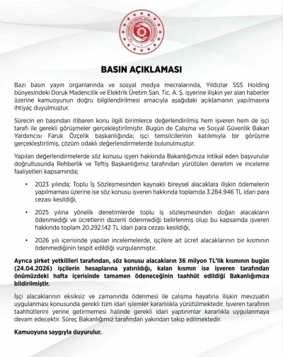 &Ccedil;alışma ve Sosyal G&uuml;venlik Bakanlığından maaşlarını alamayan maden iş&ccedil;ileriyle ilgili a&ccedil;ıklama
