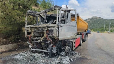 Cam madeni y&uuml;kl&uuml; tır seyir halindeyken alev topuna d&ouml;nd&uuml;: S&uuml;r&uuml;c&uuml; son anda kurtuldu

