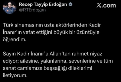 Cumhurbaşkanı Erdoğan&rsquo;dan Kadir İnanır i&ccedil;in taziye mesajı
