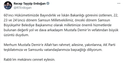 Cumhurbaşkanı Erdoğan’dan Mustafa Demir için taziye mesajı
