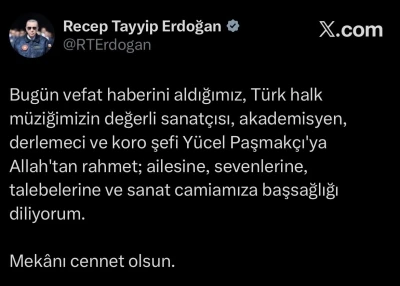 Cumhurbaşkanı Erdoğan&rsquo;dan Y&uuml;cel Paşmak&ccedil;ı i&ccedil;in taziye mesajı
